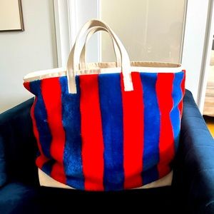 Kule Striped Shearling Fur Canvas Tote Large (discontinued)